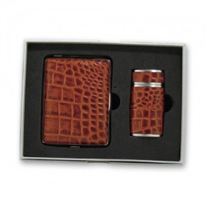 Набор S.Quire: портсигар+пепельница карманная, сталь+натуральная кожа, коричневый цвет с рисунком